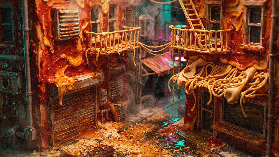 A street in the middle of a melt: red sauce sliding down the brick fronts, noodles spilling over a fire escape, steam everywhere and crumbs across the pavement.