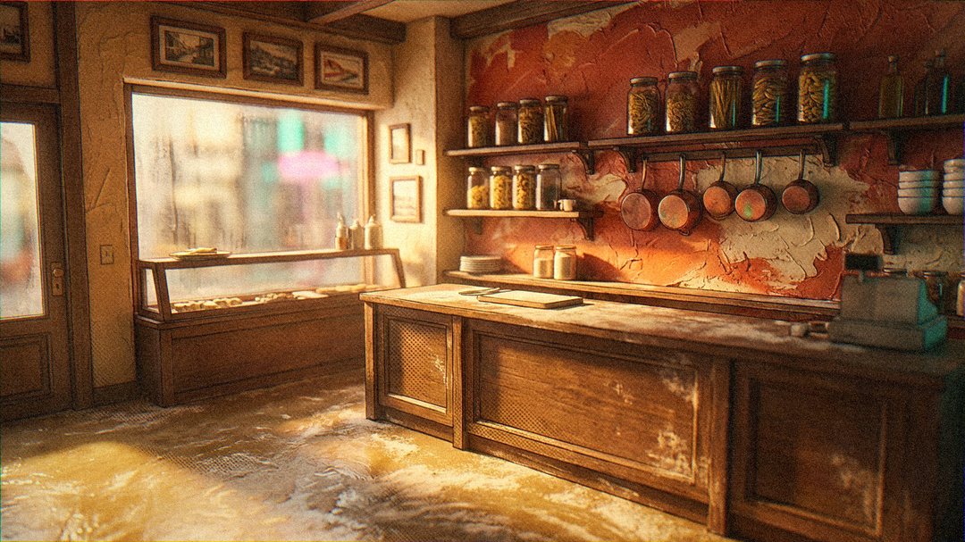 Nonna's shop with nobody in it: the long wooden counter, jars and copper pans on red plaster, morning light in the window, and flour washed across the floor.