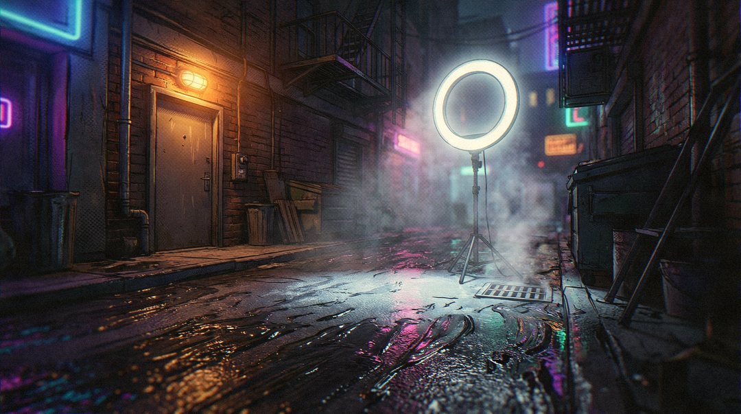 A wet back alley at night: a ring light glowing on its stand beside a drain grate, steam rising around it, fire escapes and blurred neon on the brick.