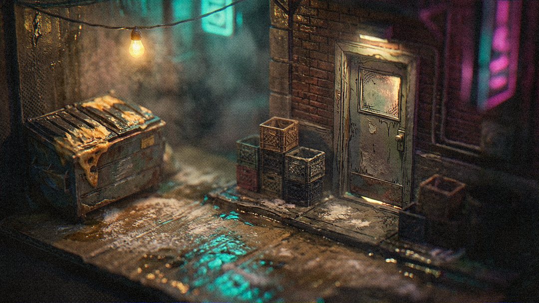 An empty alley at night: one bare bulb on a wire, a dented trash bin, crates stacked by a scuffed metal door, and a pink neon glow at the corner.