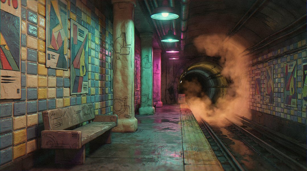 An empty subway platform after midnight: tiled walls hung with faded posters, a stone bench, and orange steam rolling out of the tunnel over the tracks.