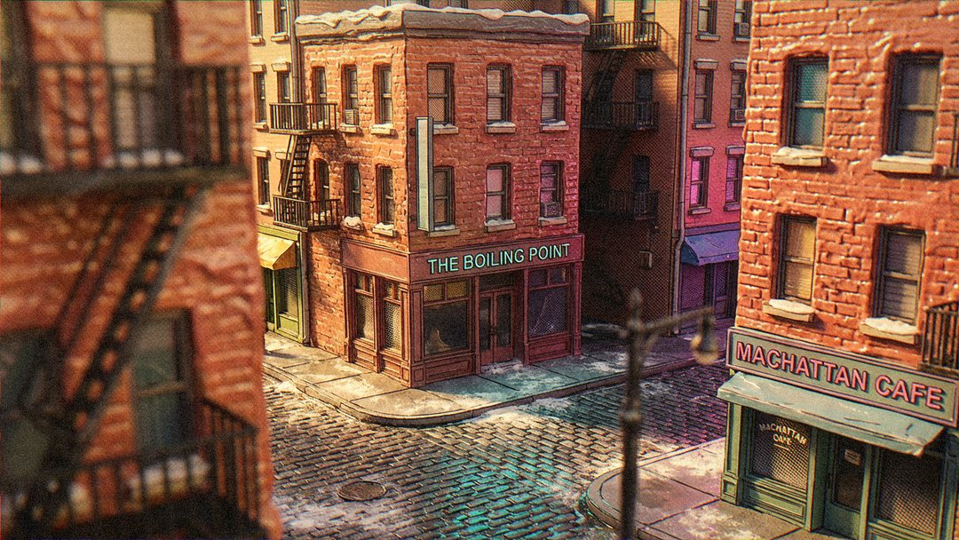 A street corner at dusk, seen from a fire escape: a brick building with THE BOILING POINT in teal neon over its door and a blank sign on its corner, wet cobbles, a lamppost, and a green shop front across the lane under a pink sign reading MACHATTAN CAFE.