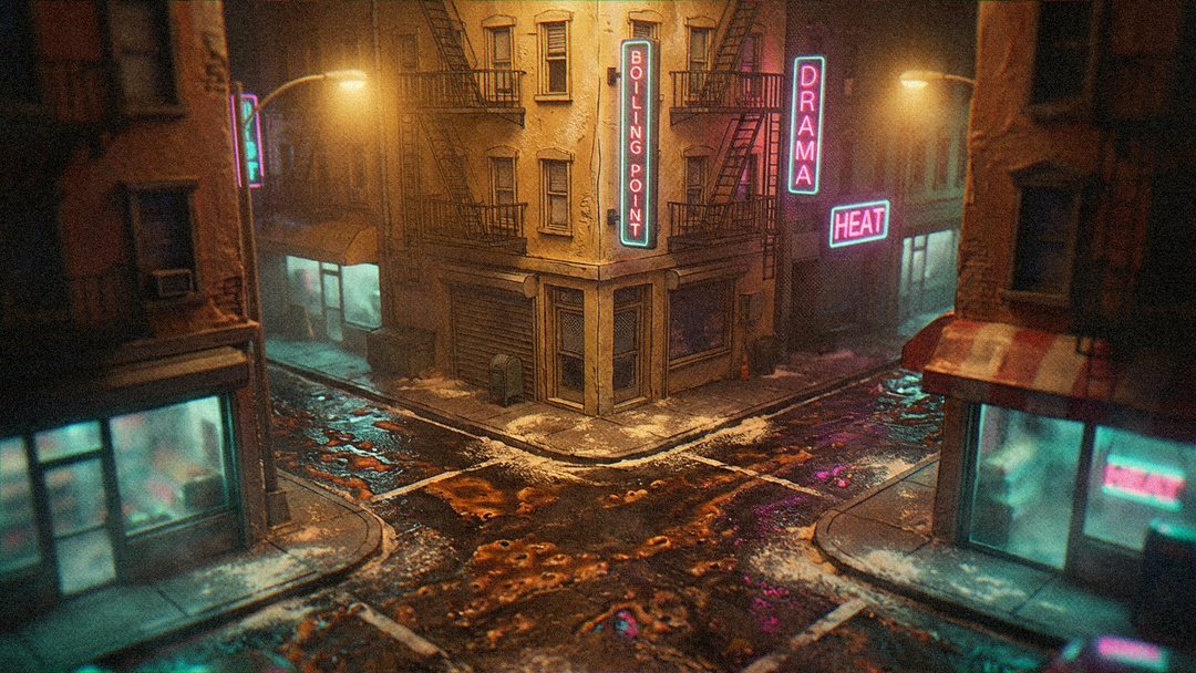 A wet crossroads at night under two streetlamps, steam lifting off the cobbles, and neon on the corner buildings reading BOILING POINT, DRAMA and HEAT.