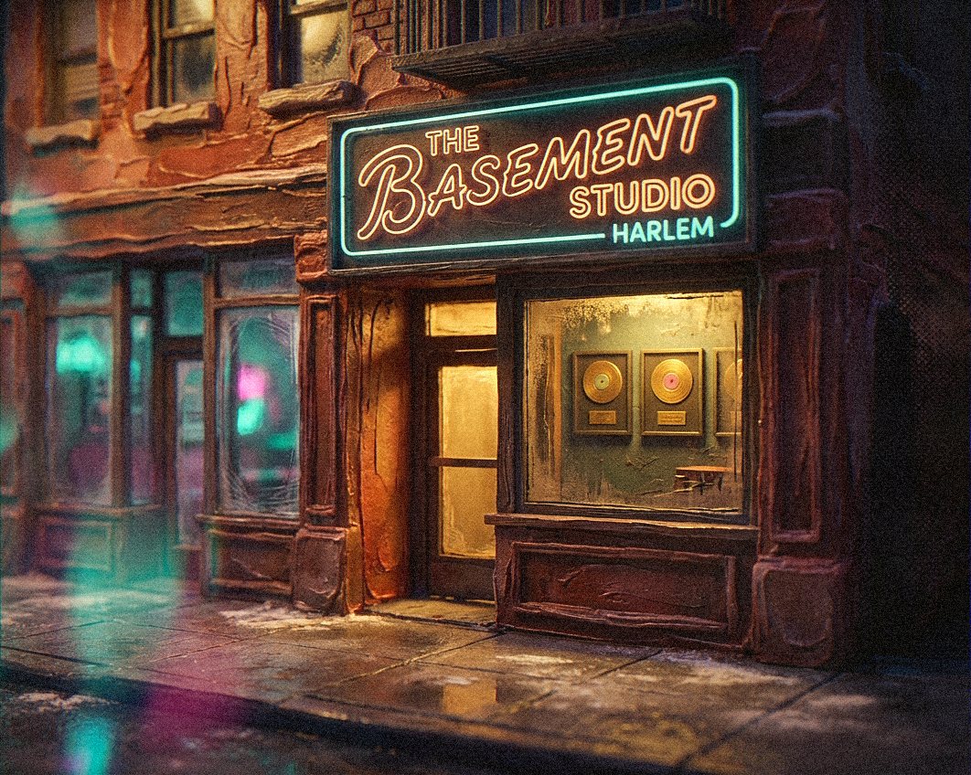 A brick shopfront at night with wet pavement out front, gold records hanging in the window and a teal neon sign over the door reading THE BASEMENT STUDIO, HARLEM.