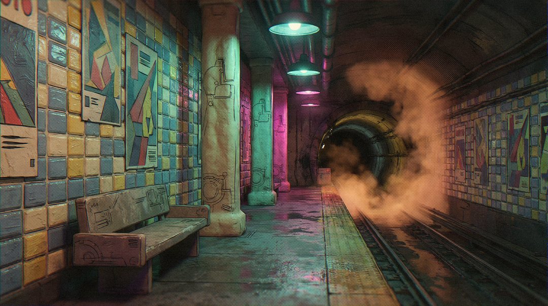 An empty subway platform after midnight: tiled walls hung with faded posters, a stone bench, pillars under green lamps, and orange steam rolling out of the tunnel mouth over the tracks.