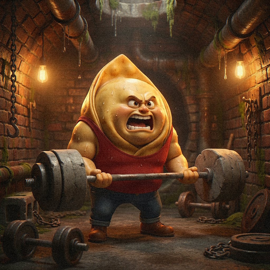 Tony Tortellini, a big folded tortellini in a red tank top, roars as he lifts a barbell loaded with stone plates in a brick-vaulted cellar gym lit by bare bulbs.
