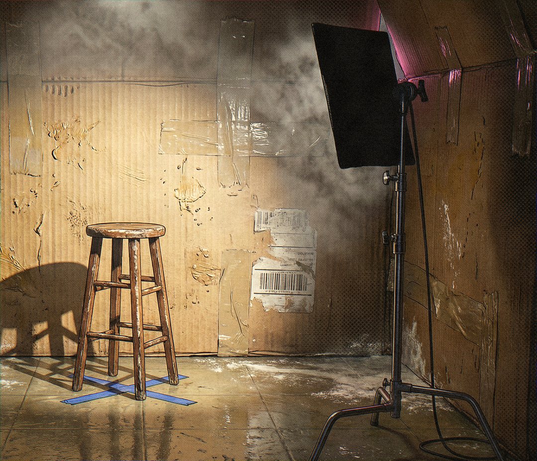 A makeshift audition room built from taped cardboard boxes: a wooden stool on a blue tape X, a softbox light on a stand, and haze drifting under a bare ceiling.