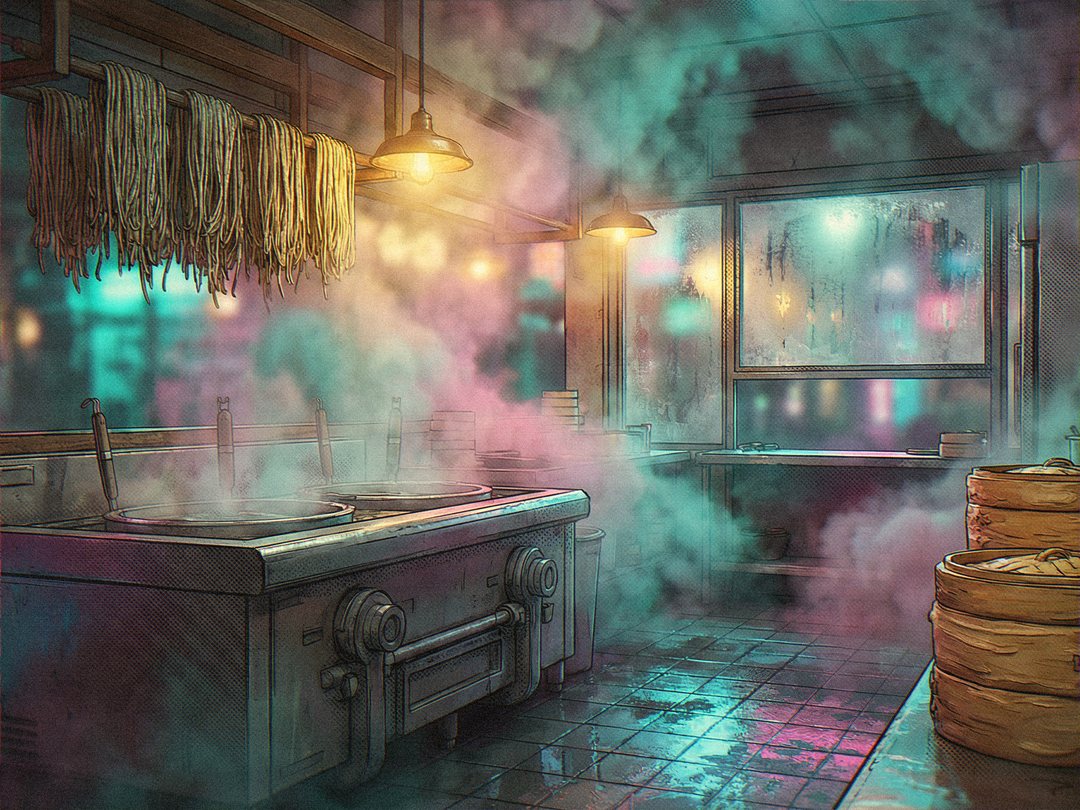 Lao Lao’s steam kitchen at night: fresh noodles hanging to dry over a steel stove of boiling wells, towers of bamboo steamers on the right, and a fogged window glowing teal and pink.