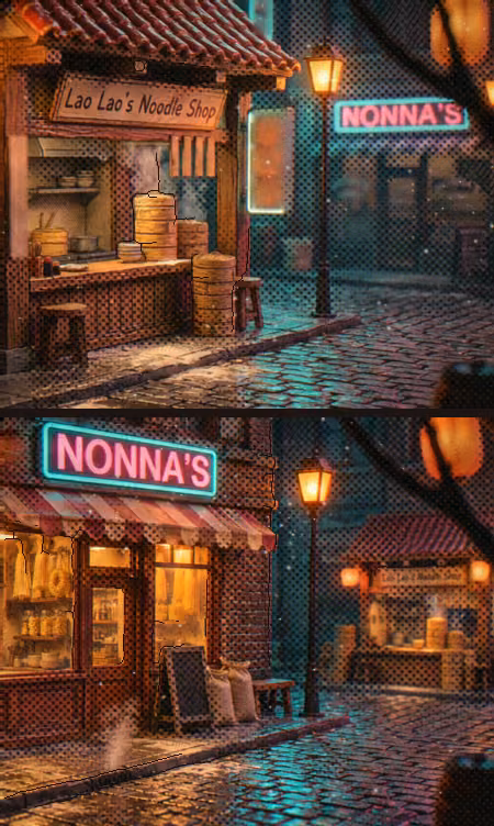 The street at night seen from both sides, under the signs Lao Lao’s Noodle Shop and NONNA’S.